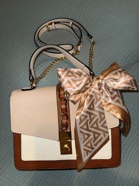Aldo Two-Tone Cream & Brown Top-Handle Satchel with Bow